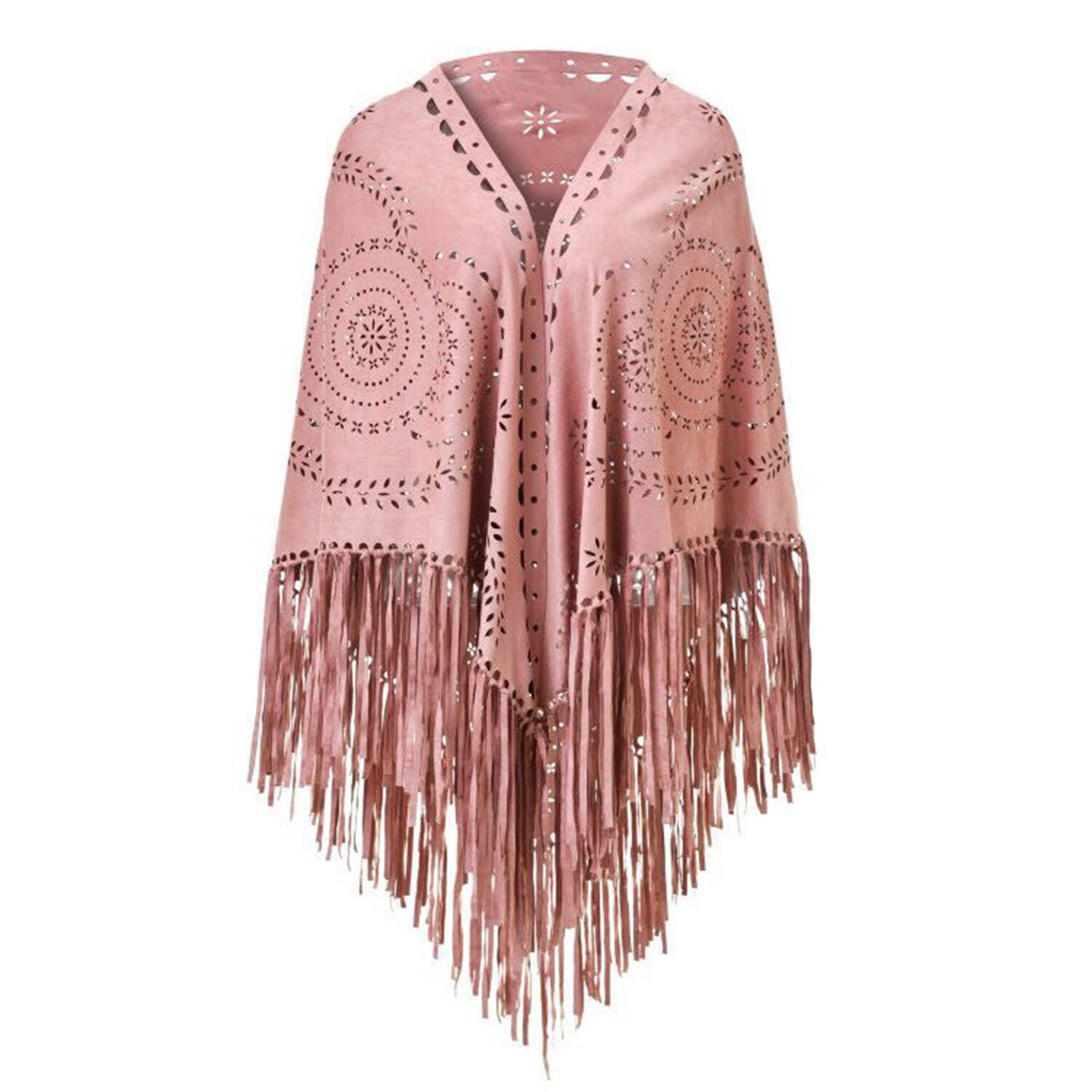 thumbnail image 2 of Poncho holgado con flecos de ante para mujer - Talla única, poliéster, estampado perforado - Longitud 190 cm, 2 of 4